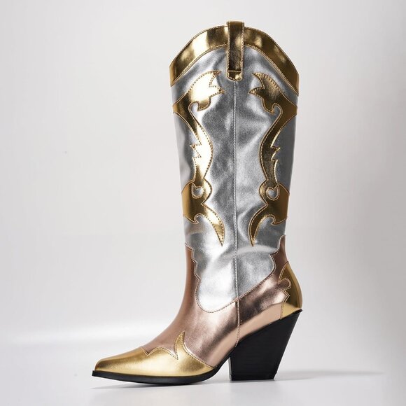 Women's Metallic Gold Mid Calf Western Pointed Toe Comfortable Heel Boots - Picture 4 of 8